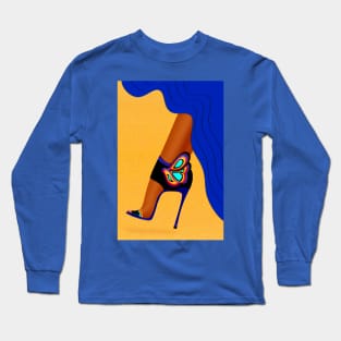 Colorful high heel shoe with blue skirt - Yellow background Long Sleeve T-Shirt